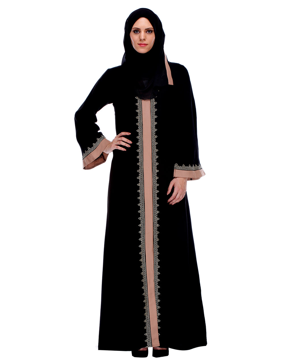 Black And Fawn Abaya With Gold Zari Embroidery