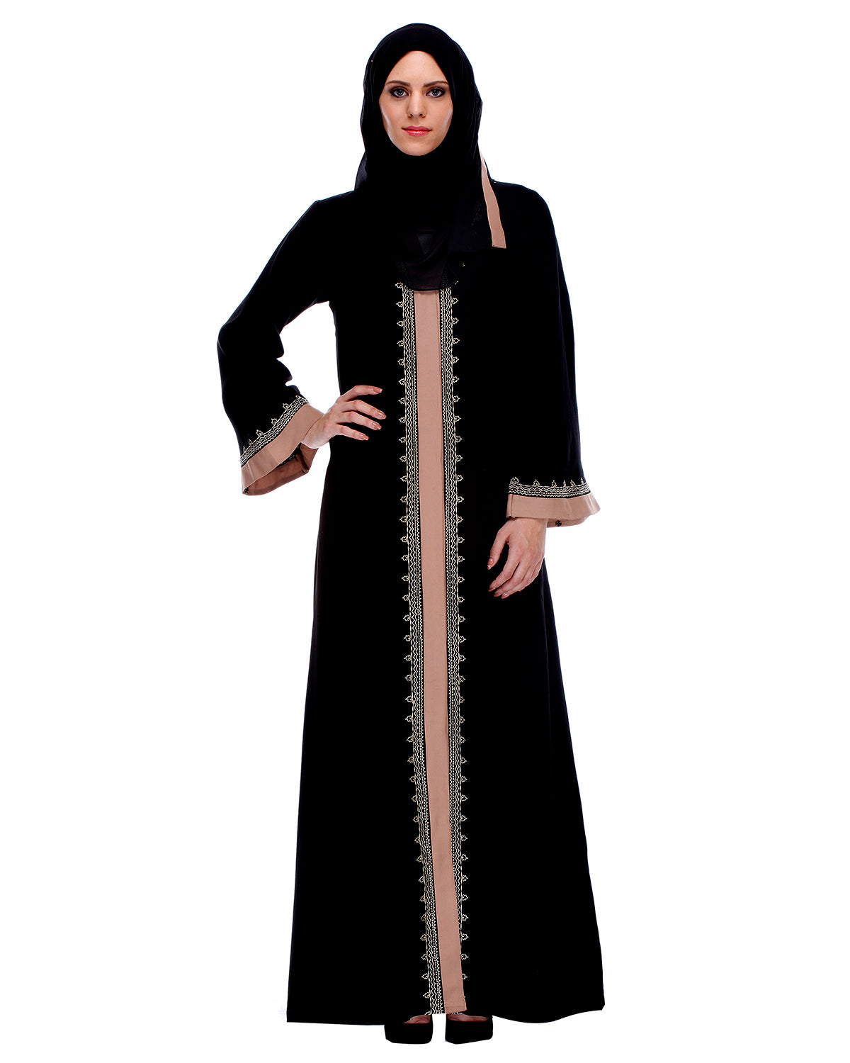 Black And Fawn Abaya With Gold Zari Embroidery
