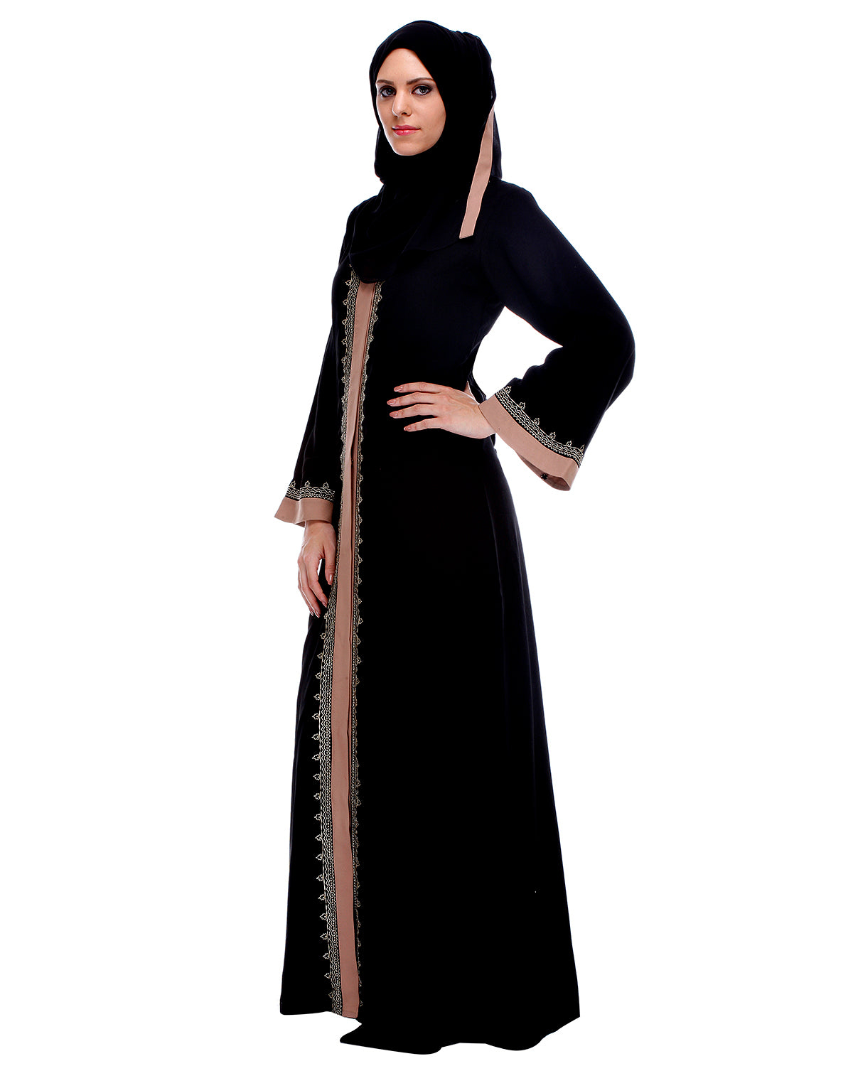 Black And Fawn Abaya With Gold Zari Embroidery