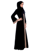 Black And Fawn Abaya With Gold Zari Embroidery