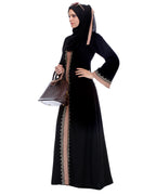 Black And Fawn Abaya With Gold Zari Embroidery
