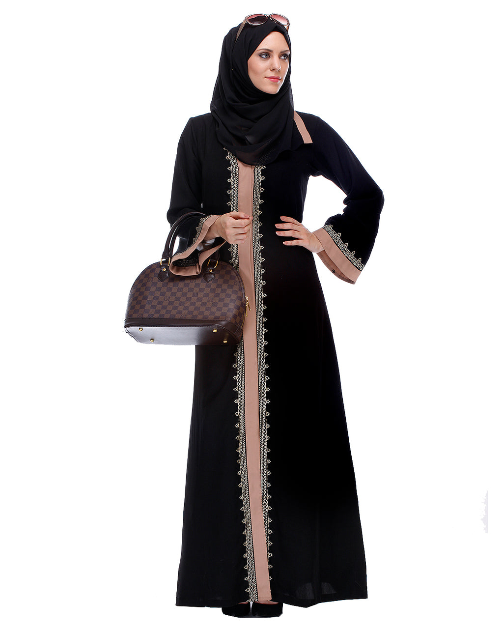 Black And Fawn Abaya With Gold Zari Embroidery Black