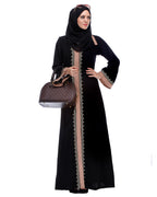 Black And Fawn Abaya With Gold Zari Embroidery Black