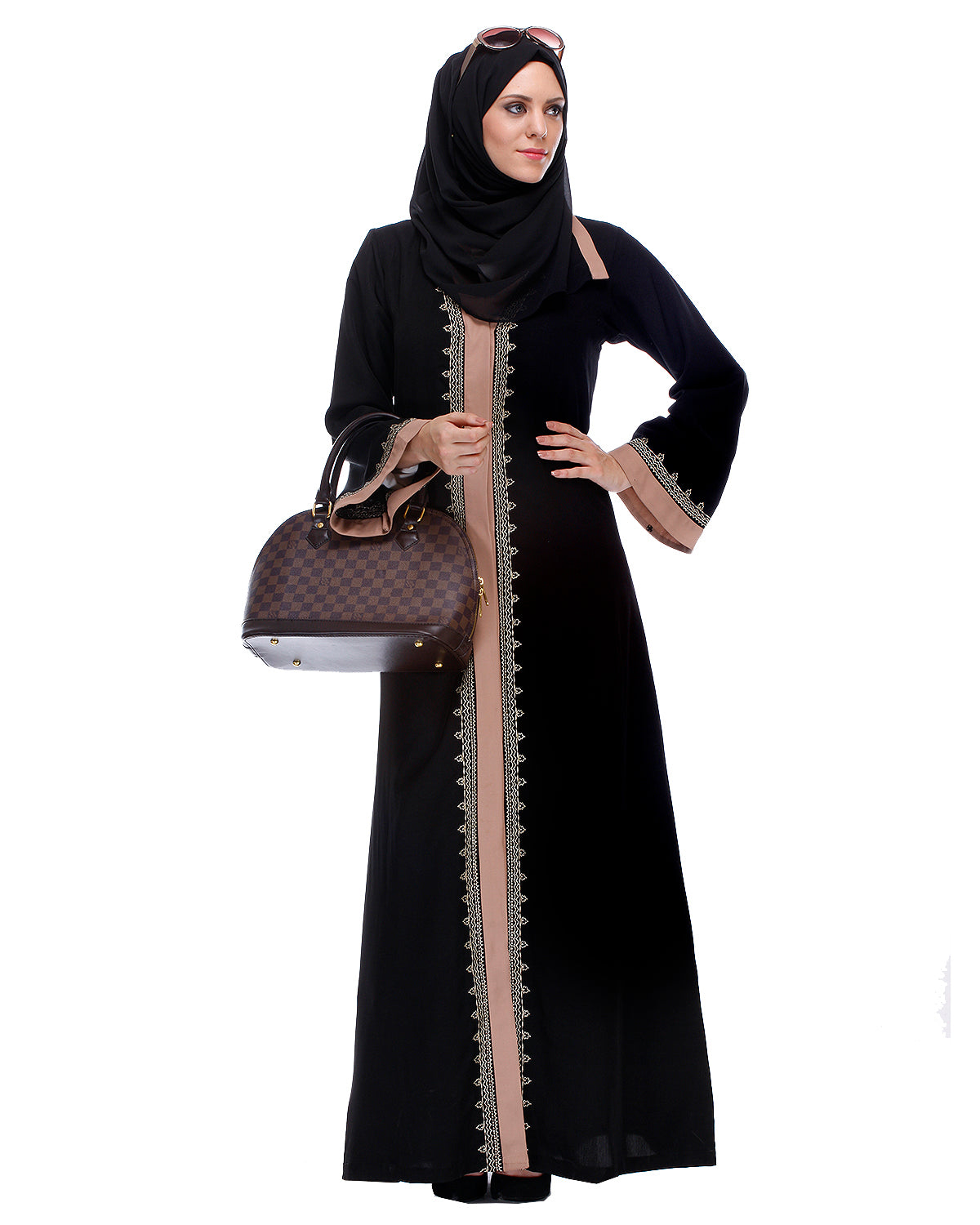 Black And Fawn Abaya With Gold Zari Embroidery Black