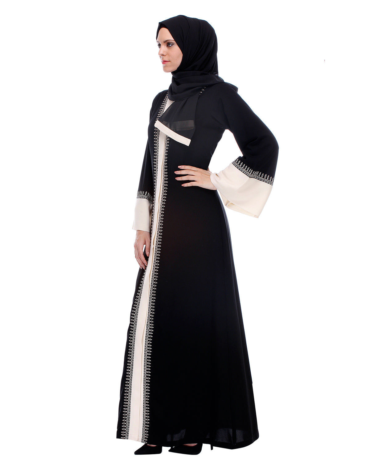 Black And Cream Abaya With Thread Embroidery Black