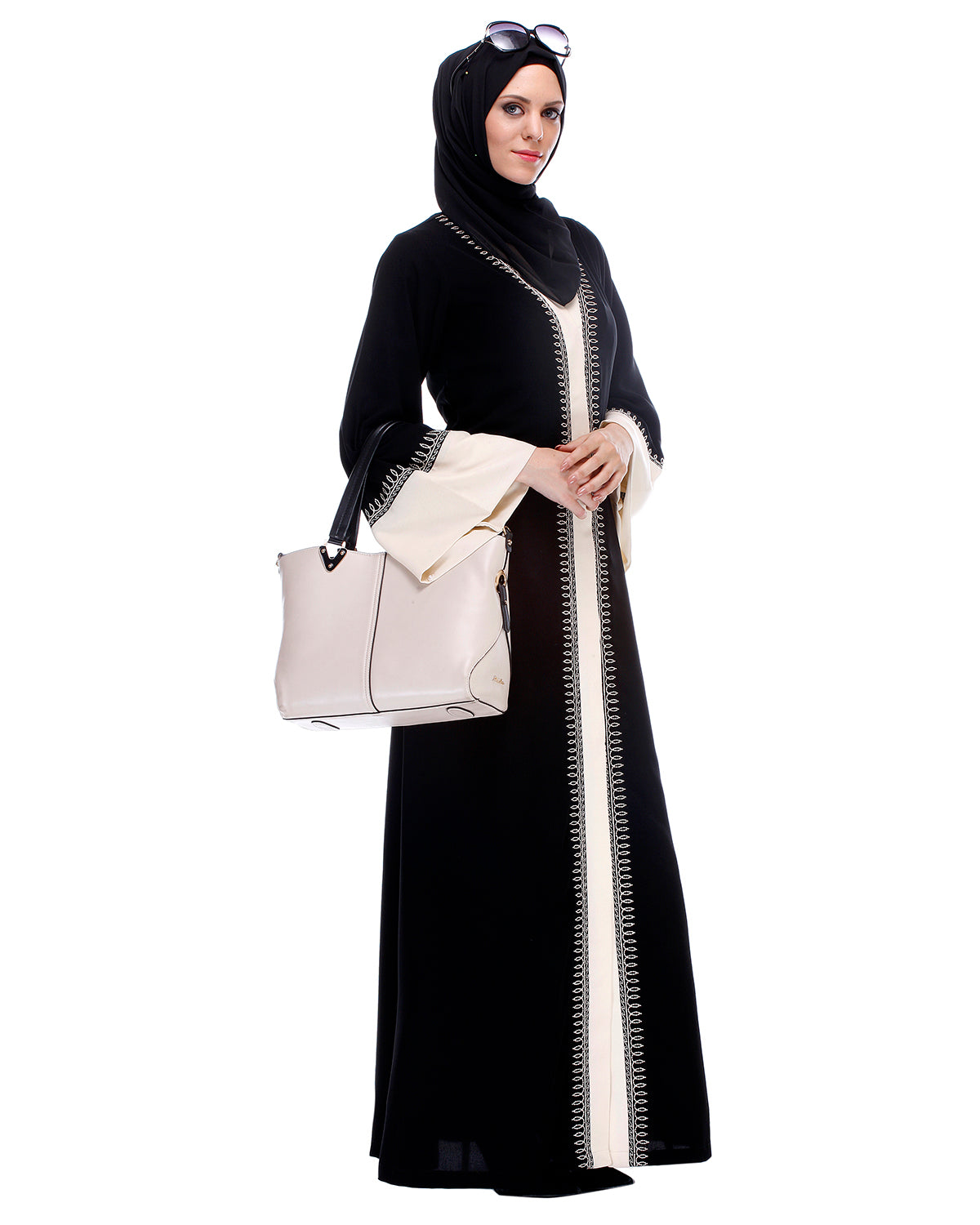 Black And Cream Abaya With Thread Embroidery Black
