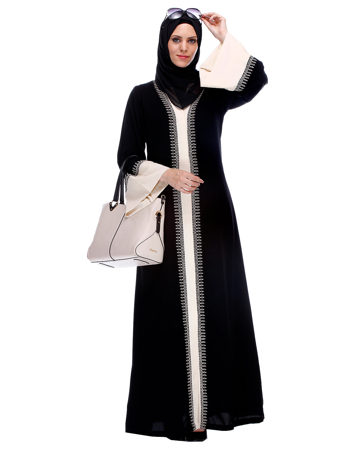 Black And Cream Abaya With Thread Embroidery Black