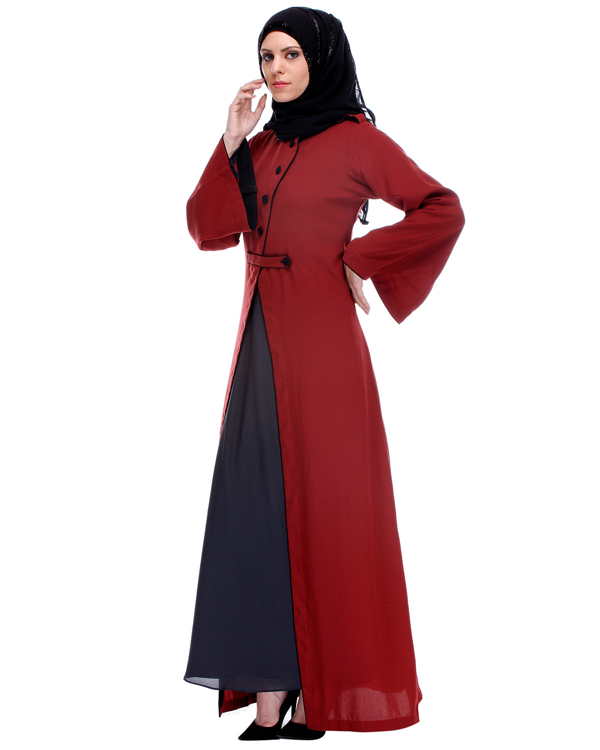 Maroon Abaya With Black Detailing Maroon