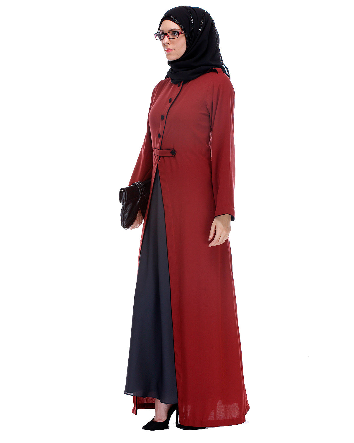 Maroon Abaya With Black Detailing Maroon
