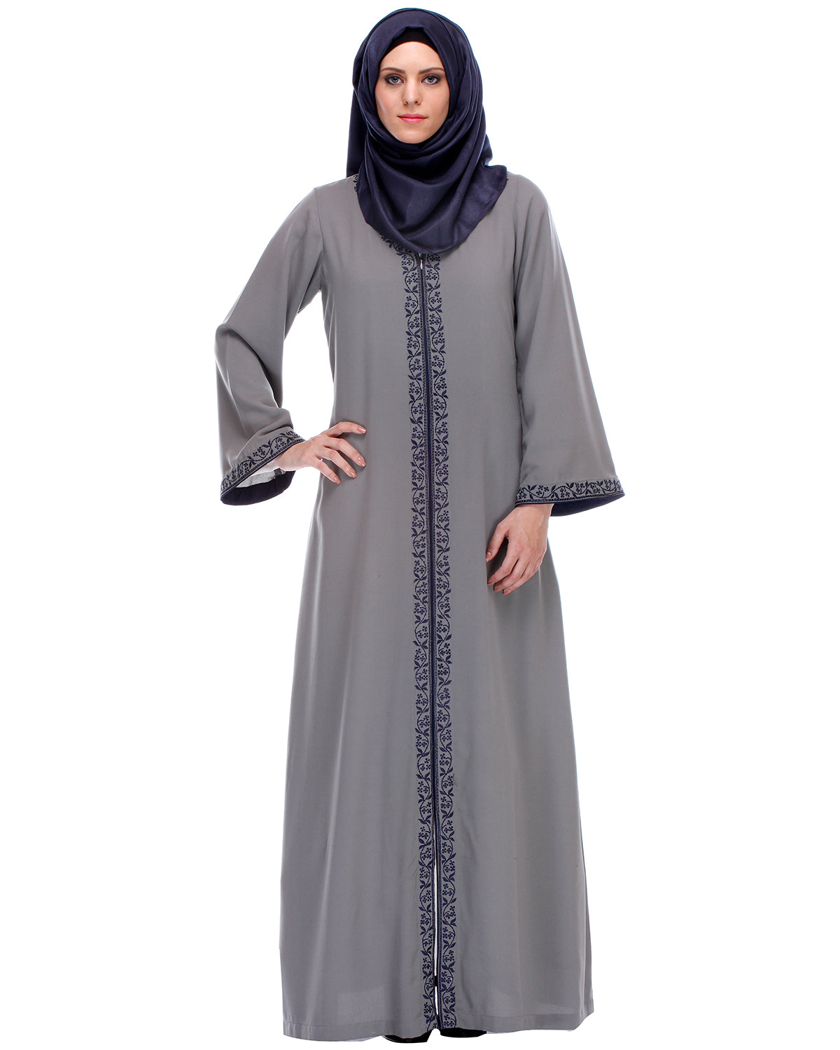 Abaya With Embroidery Grey