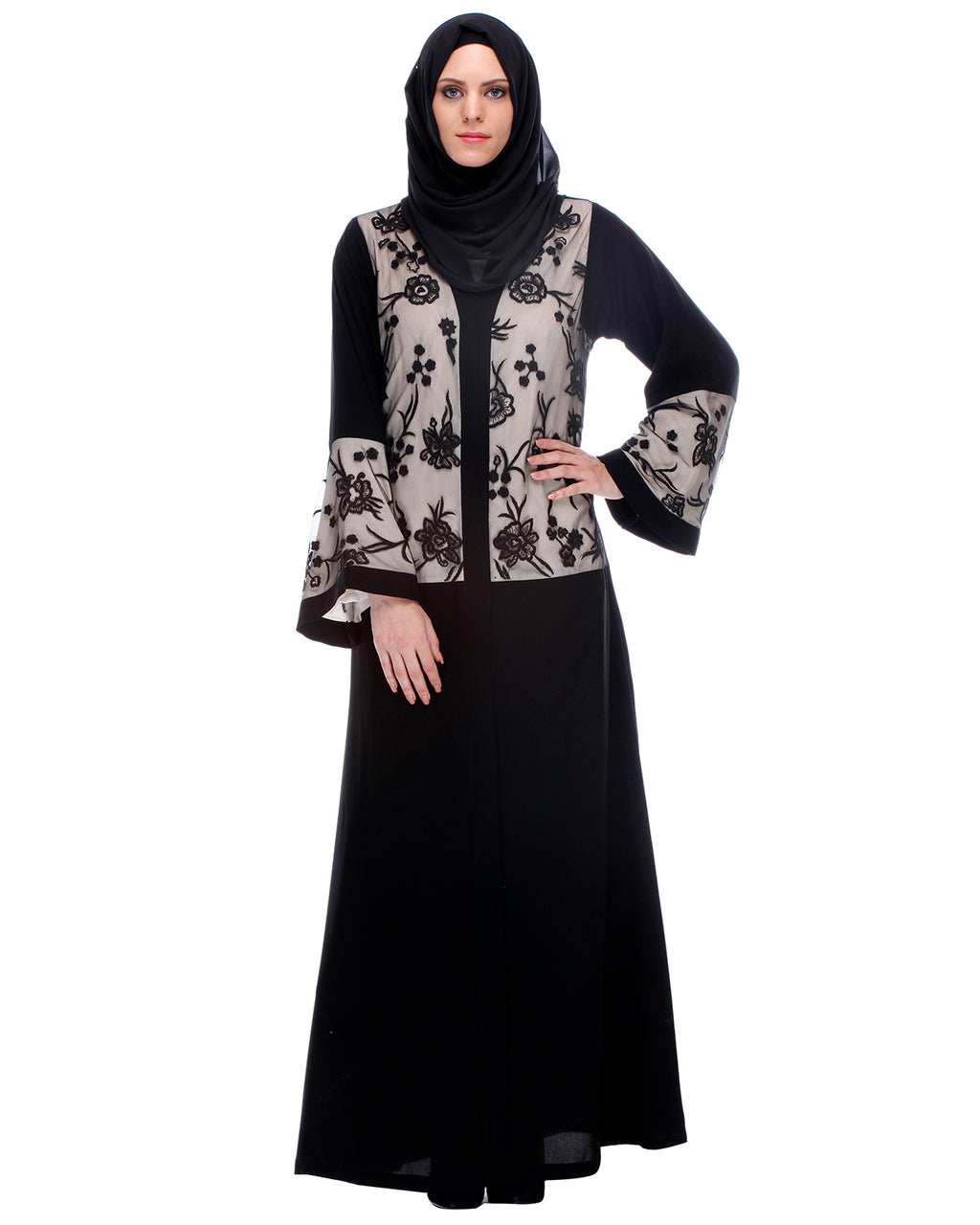 Black Abaya With Net Embroidered Sleeves Black
