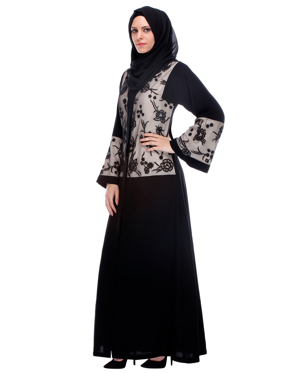 Black Abaya With Net Embroidered Sleeves Black