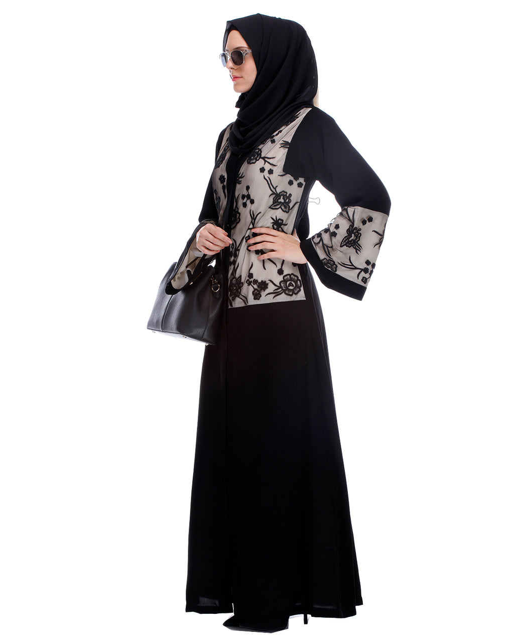 Black Abaya With Net Embroidered Sleeves Black
