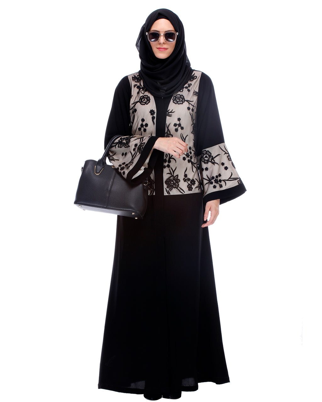 Black Abaya With Net Embroidered Sleeves Black