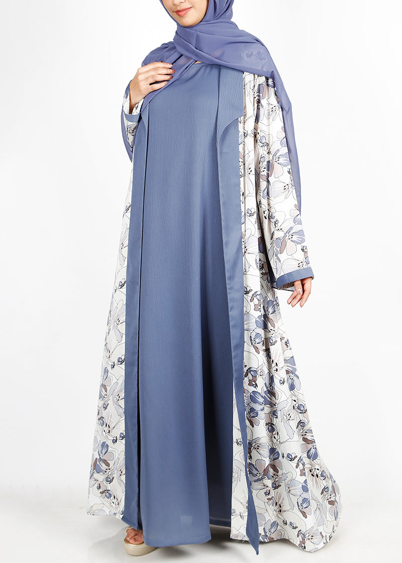 BeingMuslims Dusty Blue Flower Print Open-Front Shrug and Inner Abaya Set Sky Blue