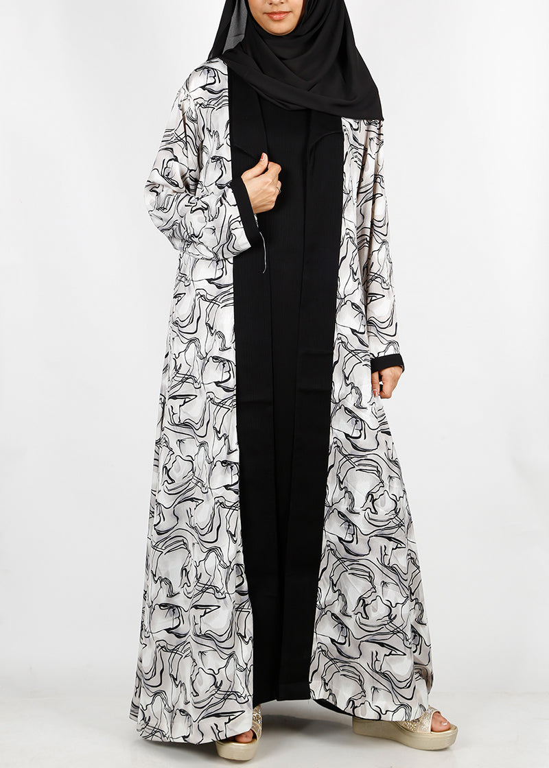 BeingMuslims Dusty Blue Flower Print Open-Front Shrug and Inner Abaya Set Black