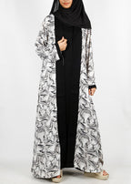 BeingMuslims Dusty Blue Flower Print Open-Front Shrug and Inner Abaya Set Black