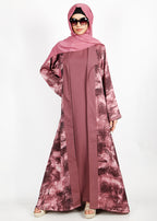 BeingMuslims Dusty Blue Flower Print Open-Front Shrug and Inner Abaya Set Pink