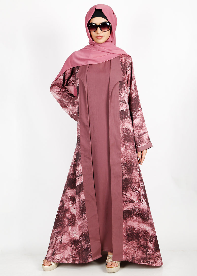 BeingMuslims Dusty Blue Flower Print Open-Front Shrug and Inner Abaya Set Pink