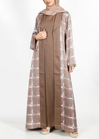 BeingMuslims Dusty Blue Flower Print Open-Front Shrug and Inner Abaya Set Oak Brown