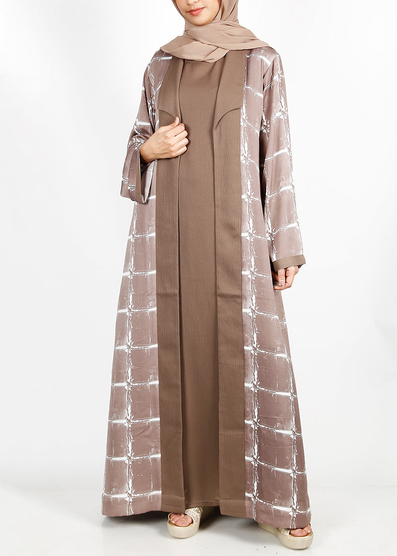 BeingMuslims Dusty Blue Flower Print Open-Front Shrug and Inner Abaya Set Oak Brown