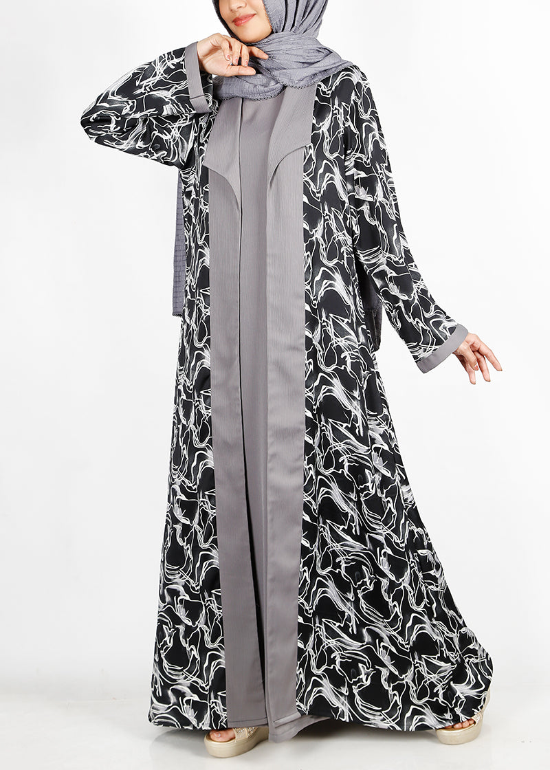 BeingMuslims Dusty Blue Flower Print Open-Front Shrug and Inner Abaya Set Grey