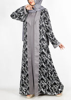 BeingMuslims Dusty Blue Flower Print Open-Front Shrug and Inner Abaya Set Grey