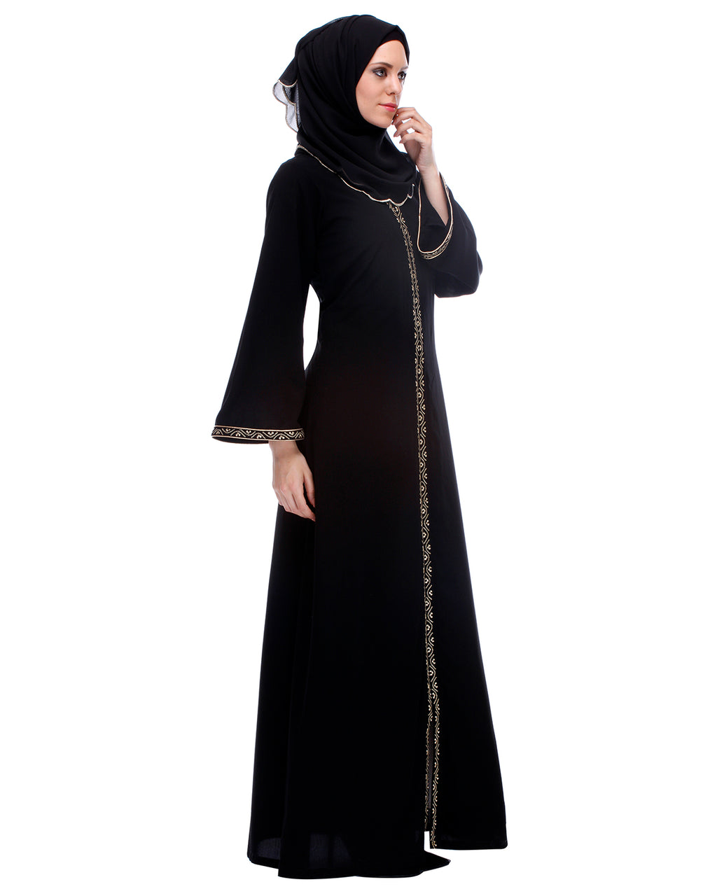 Classic Black Abaya With Golden Zari Embroidery Black