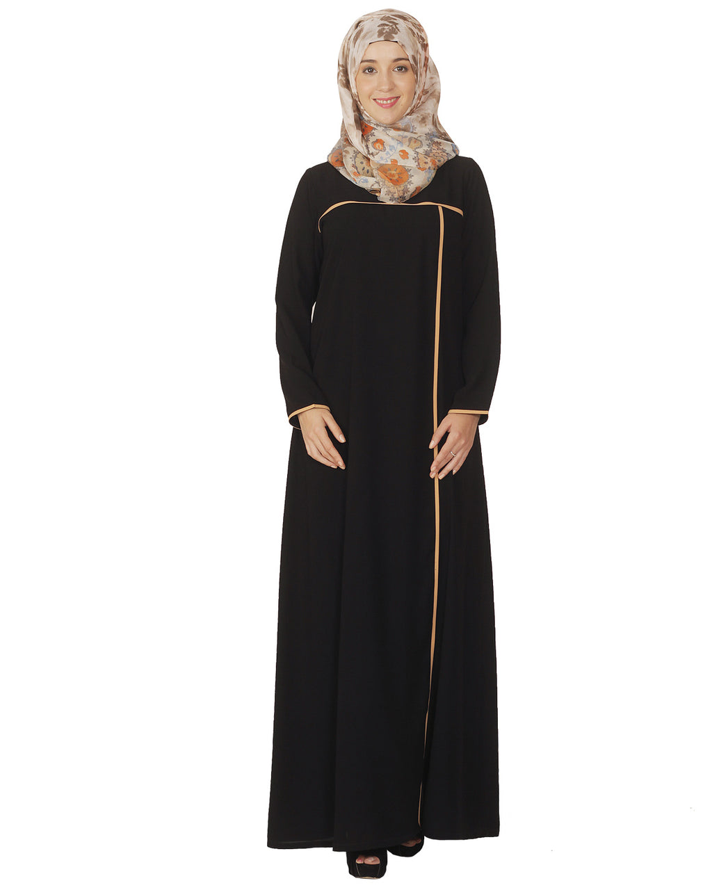 Classic Black Abaya with Beige Detailing Black