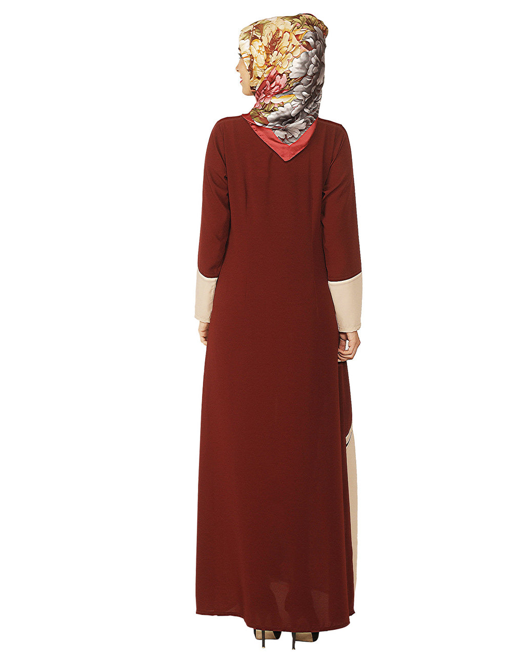 Maroon and Beige Pintuck Abaya Maroon & Beige