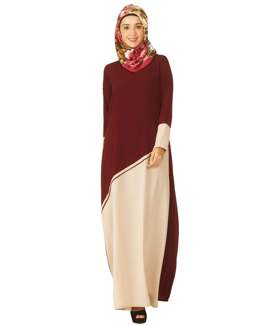 Maroon and Beige Pintuck Abaya Maroon & Beige