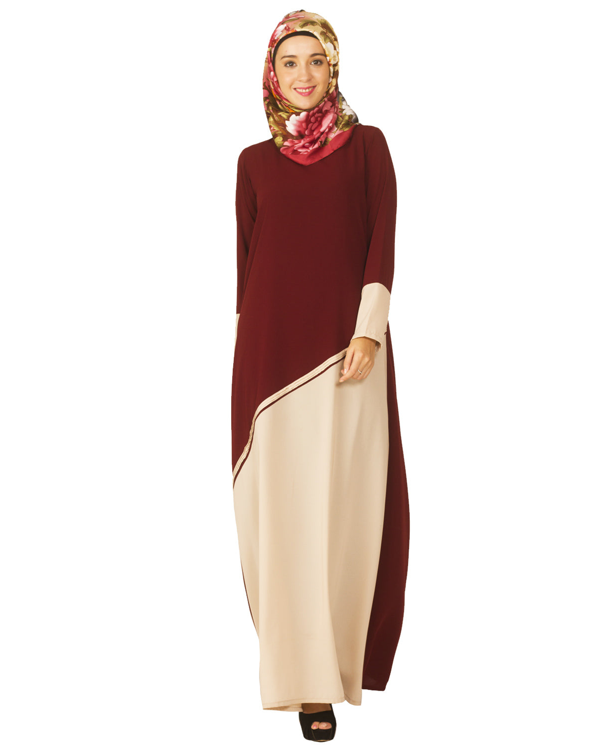 Maroon and Beige Pintuck Abaya Maroon & Beige