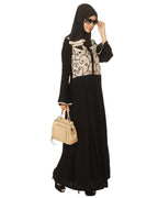 Black and Beige Box Pleated Embroidered Abaya Black