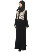 Black and Beige Box Pleated Embroidered Abaya Black