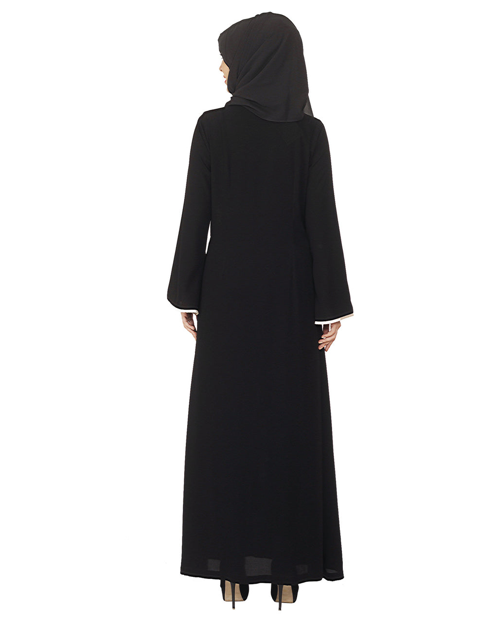 Black and Beige Box Pleated Embroidered Abaya Black