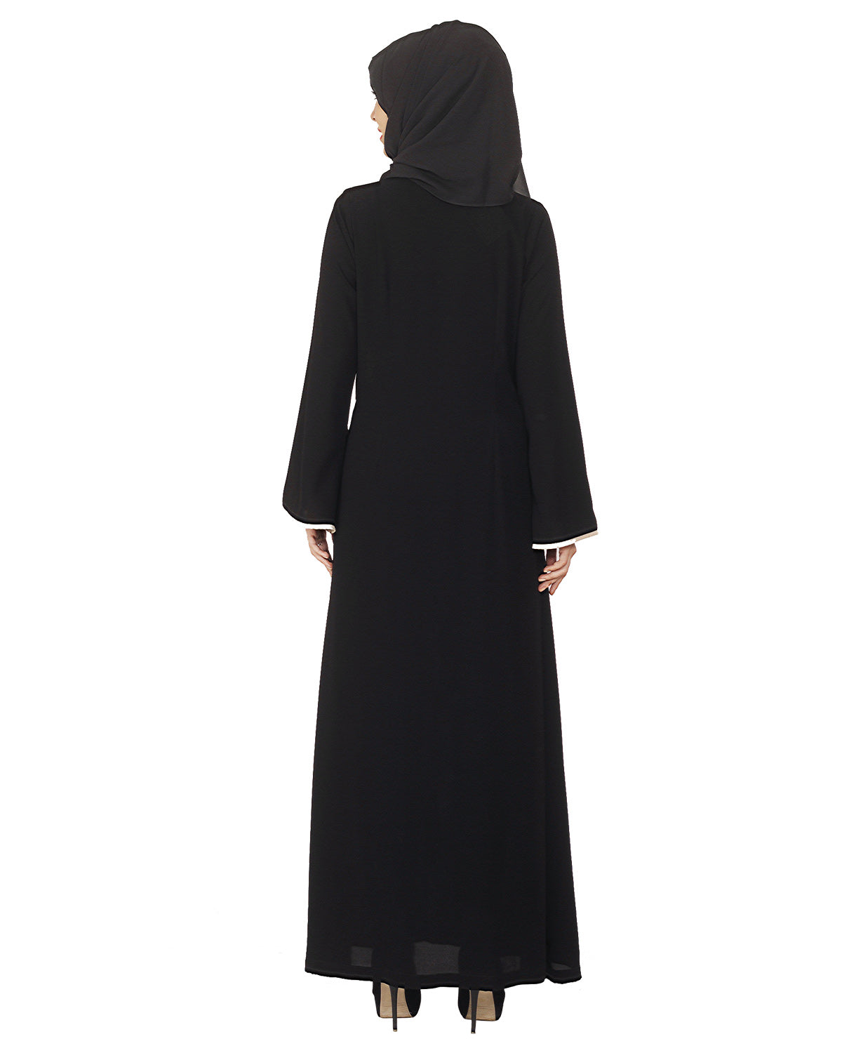 Black and Beige Box Pleated Embroidered Abaya Black