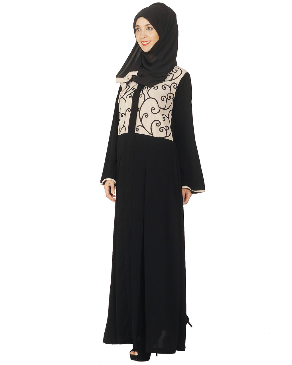 Black and Beige Box Pleated Embroidered Abaya Black