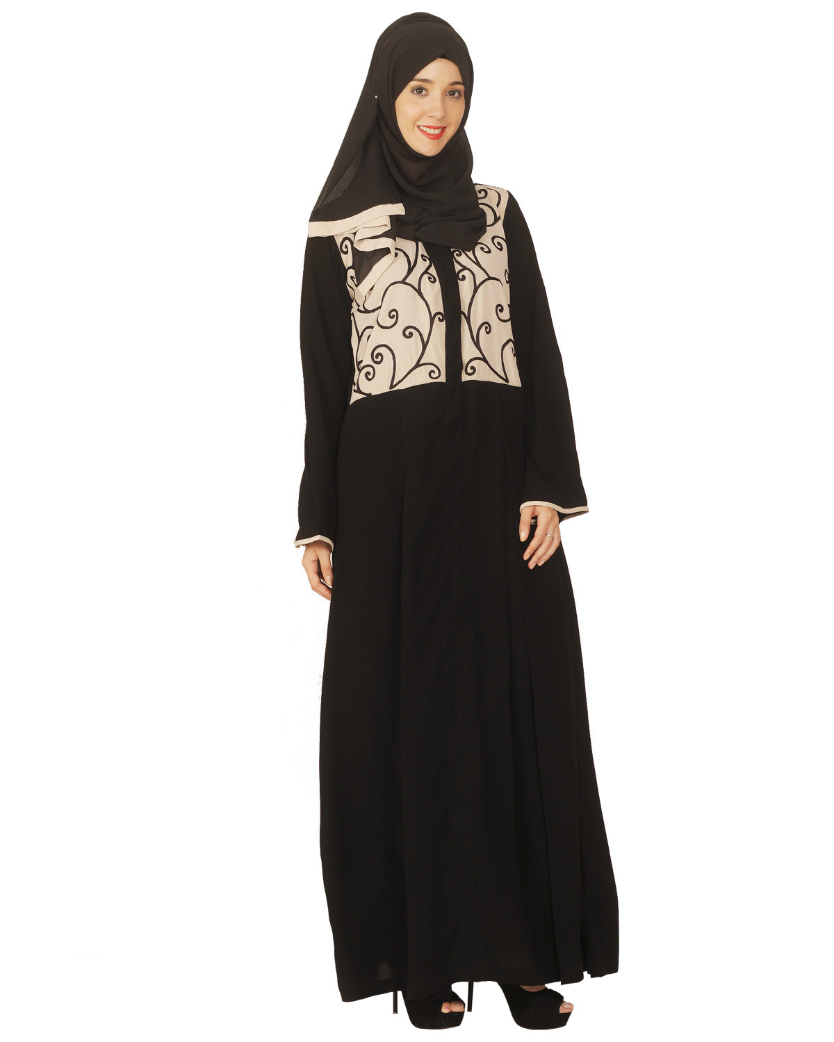 Black and Beige Box Pleated Embroidered Abaya Black