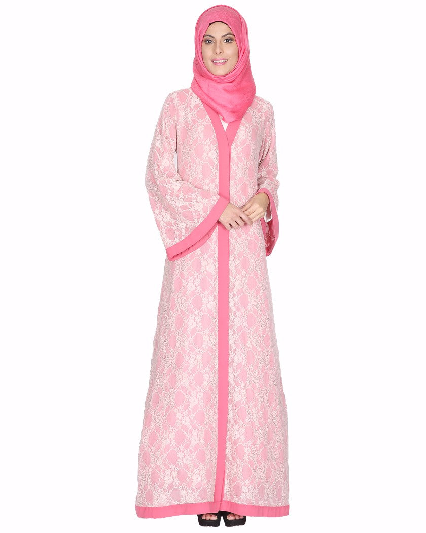 Double Layer Laced Abaya Pink