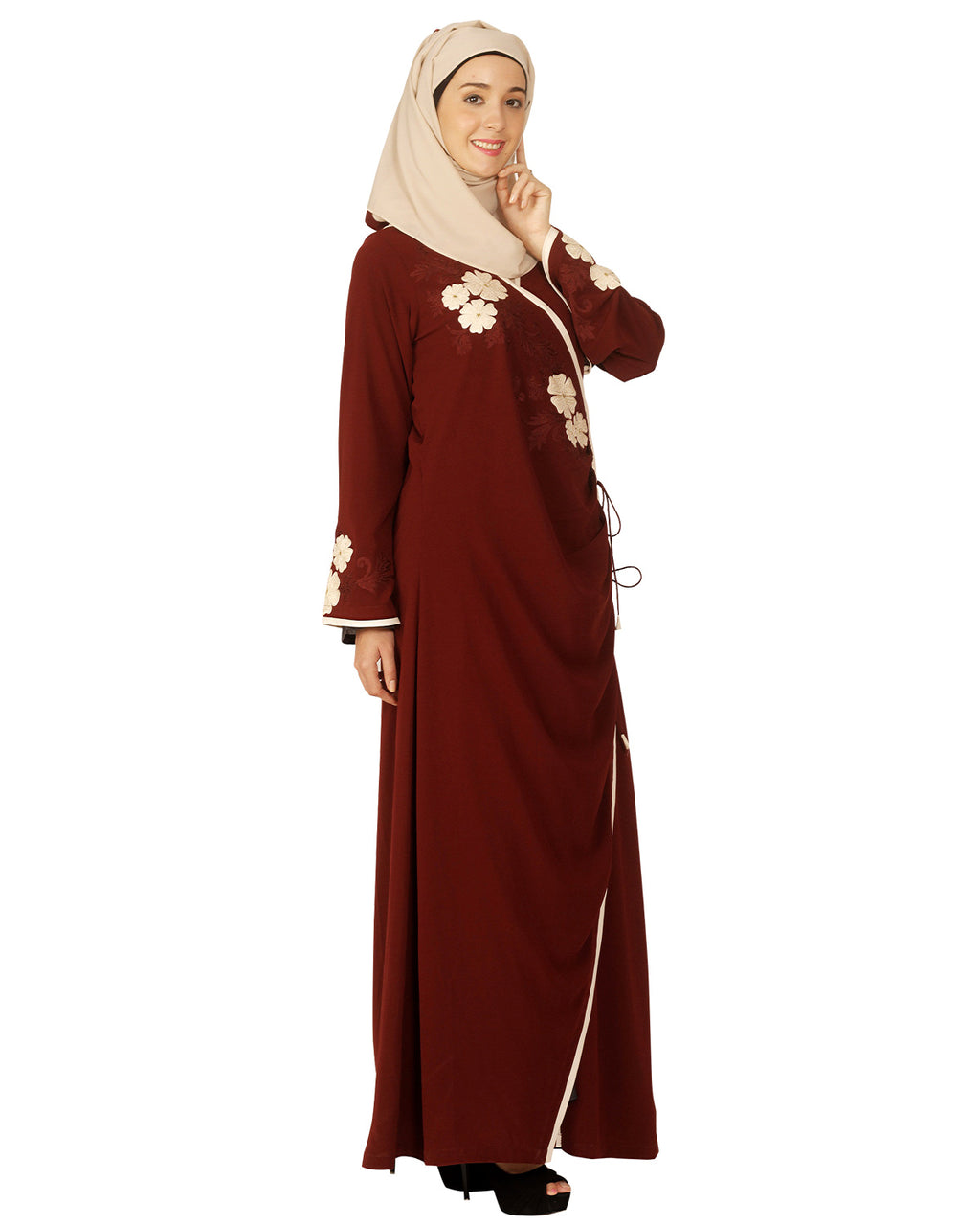 Floral Embroidered Open Abaya Maroon
