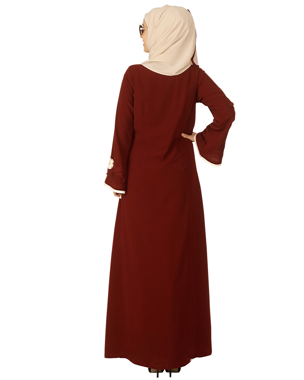 Floral Embroidered Open Abaya Maroon