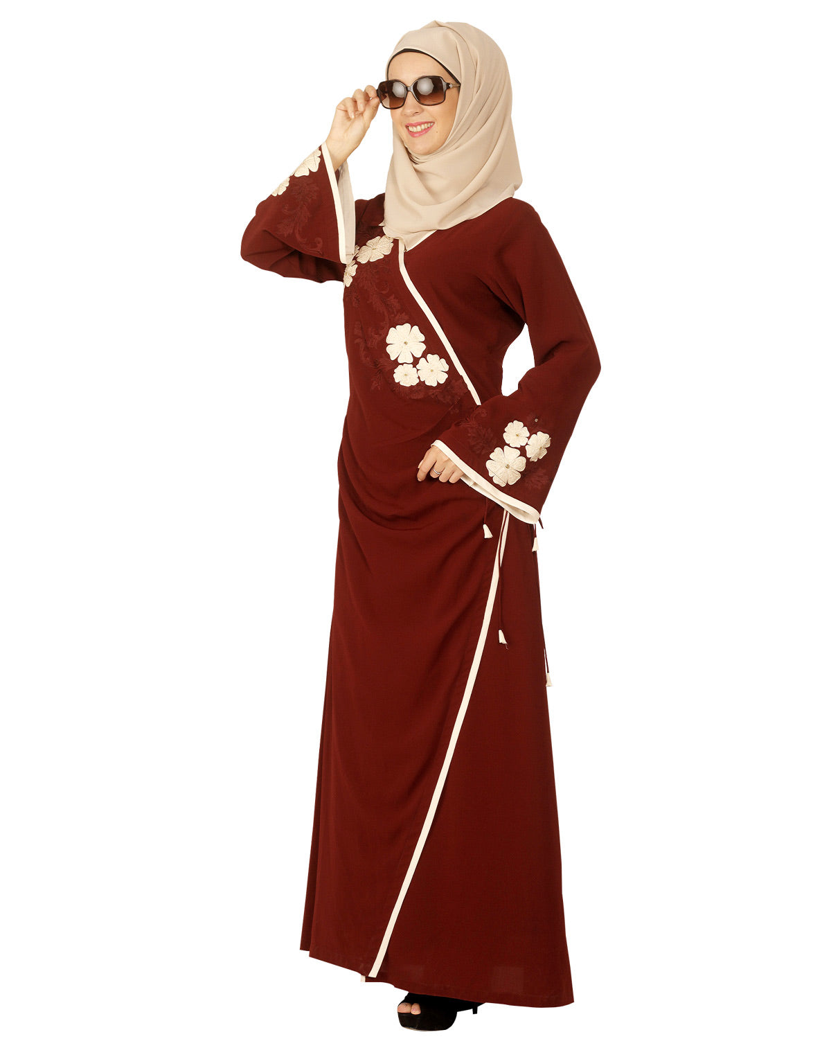 Floral Embroidered Open Abaya Maroon
