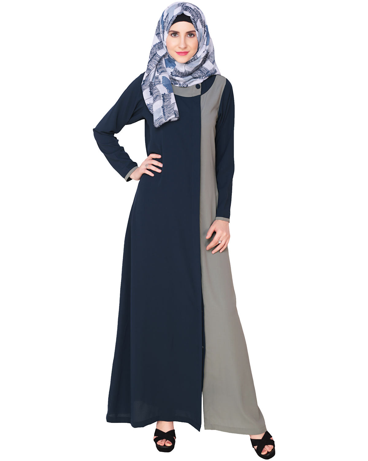 Black Abaya With Panel BLUE GREY