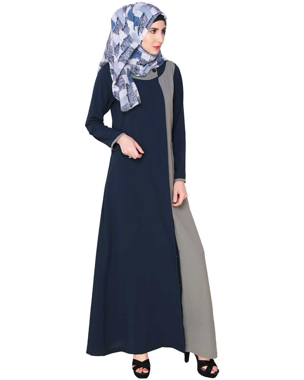 Black Abaya With Panel BLUE GREY