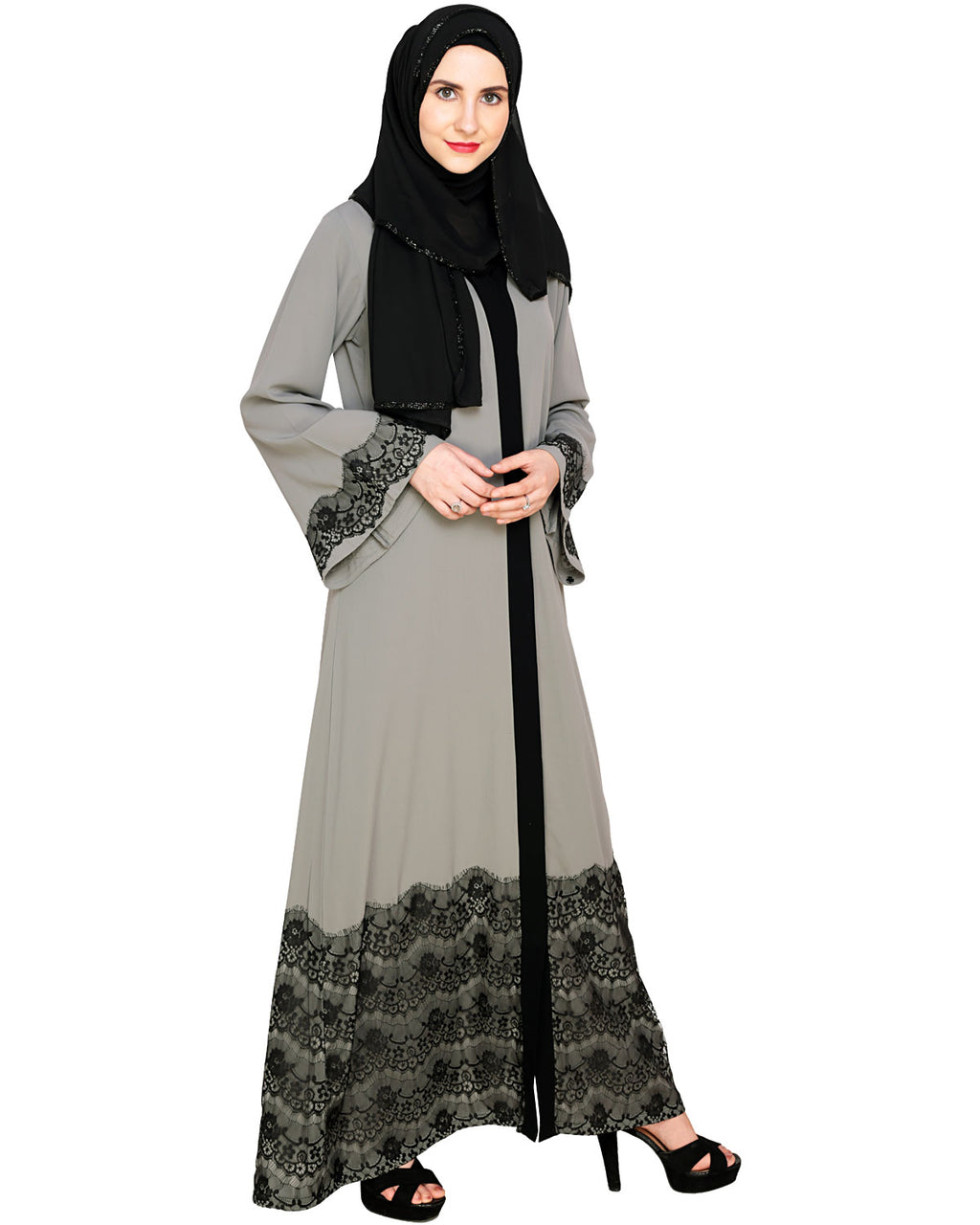 Laced Abaya Grey & Black