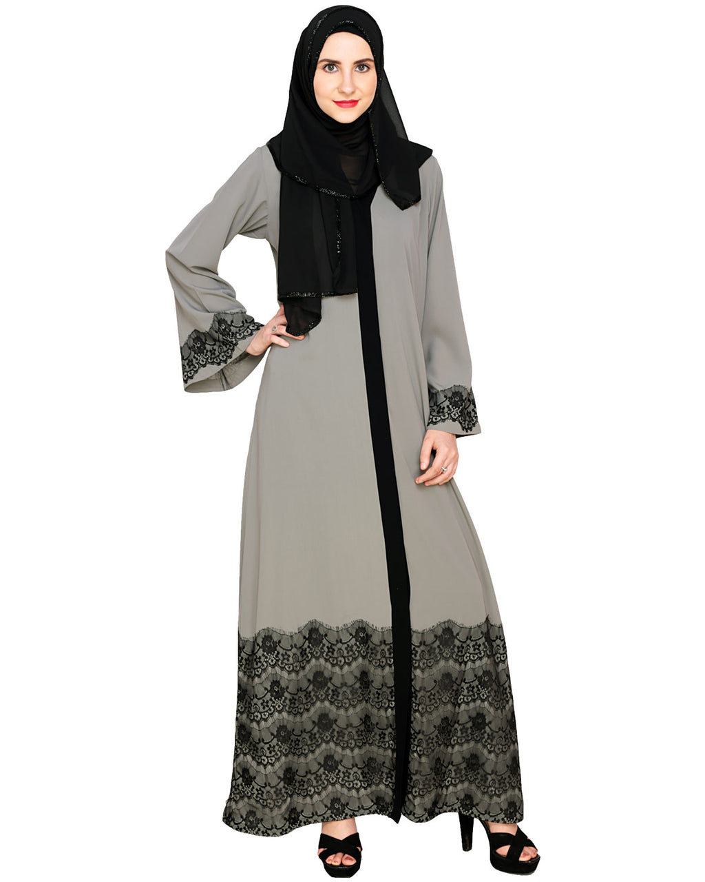 Laced Abaya Grey & Black