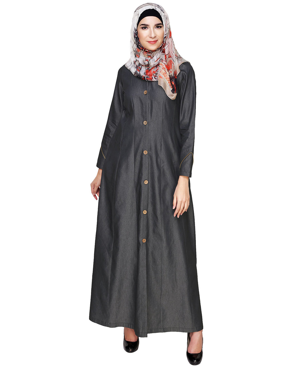 Denim Flared Abaya Dark Grey
