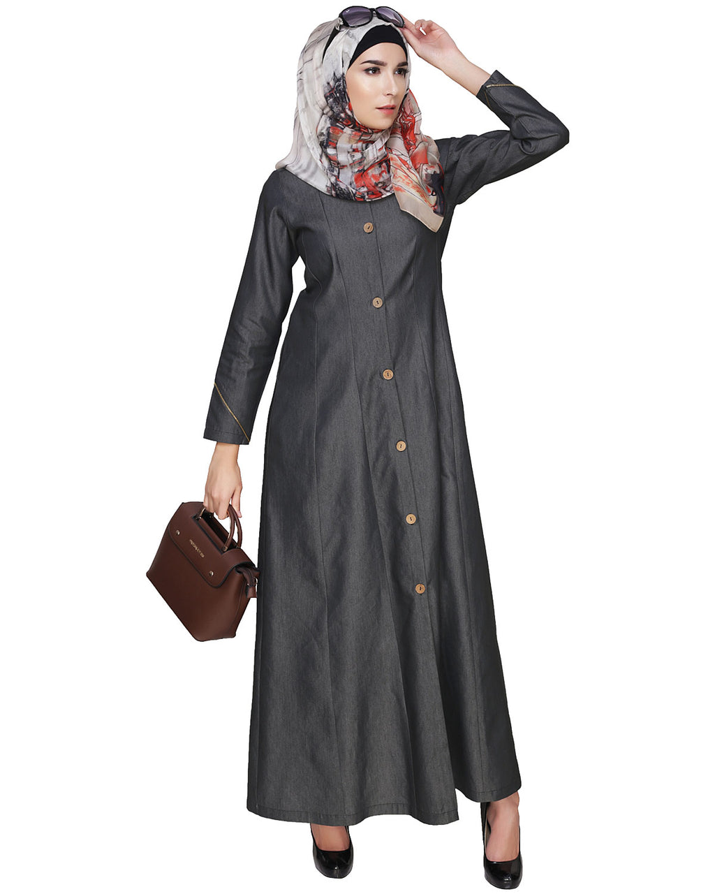 Denim Flared Abaya Dark Grey