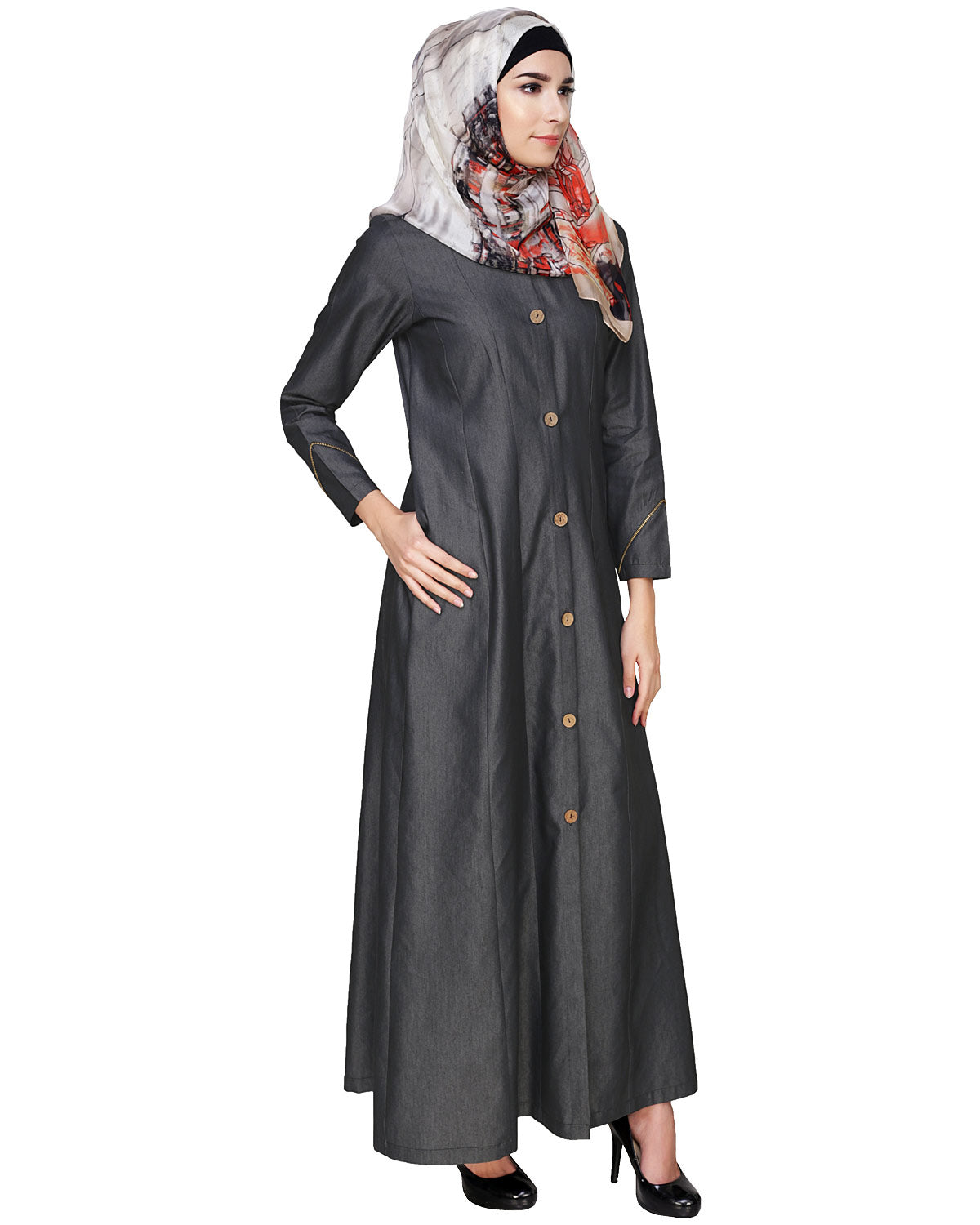 Denim Flared Abaya Dark Grey