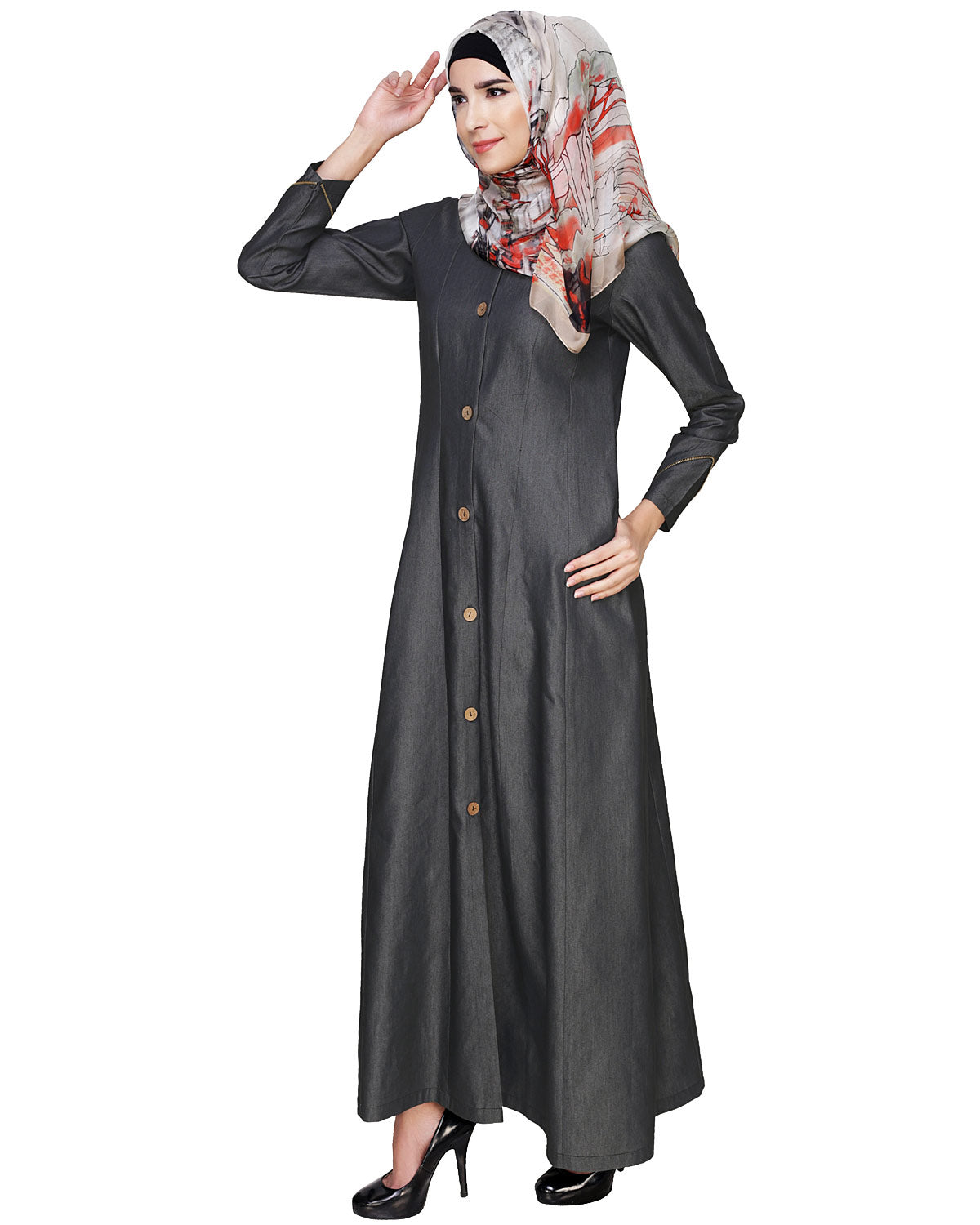 Denim Flared Abaya Dark Grey